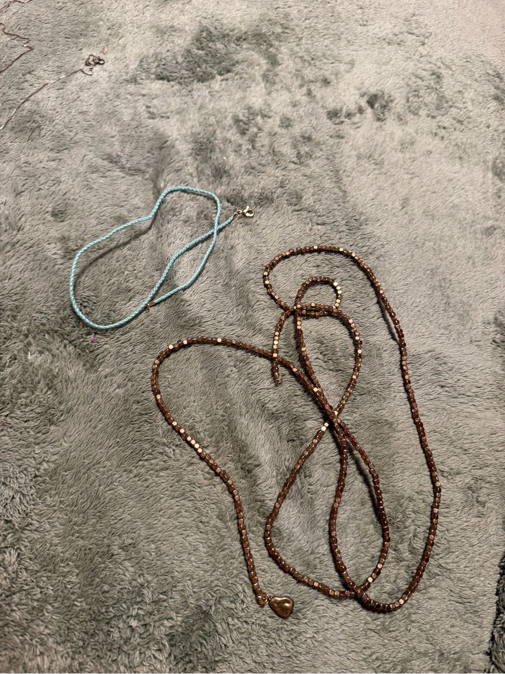Brown Beaded Necklace with Heart Pendant and Light Blue Accent Strand